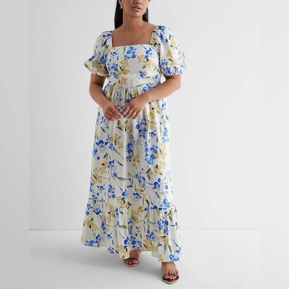 NWT Express Puff Sleeved Square Necked Tiered Twill Midi Dress in Floral Blue